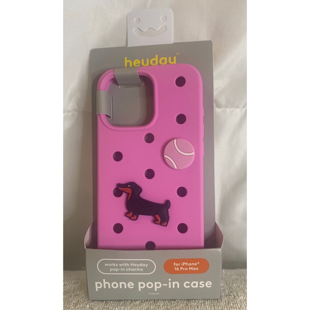 Heyday iPhone 16 Pro Max Silicone Pop-In Case Pink with Dog and Ball Charms NEW